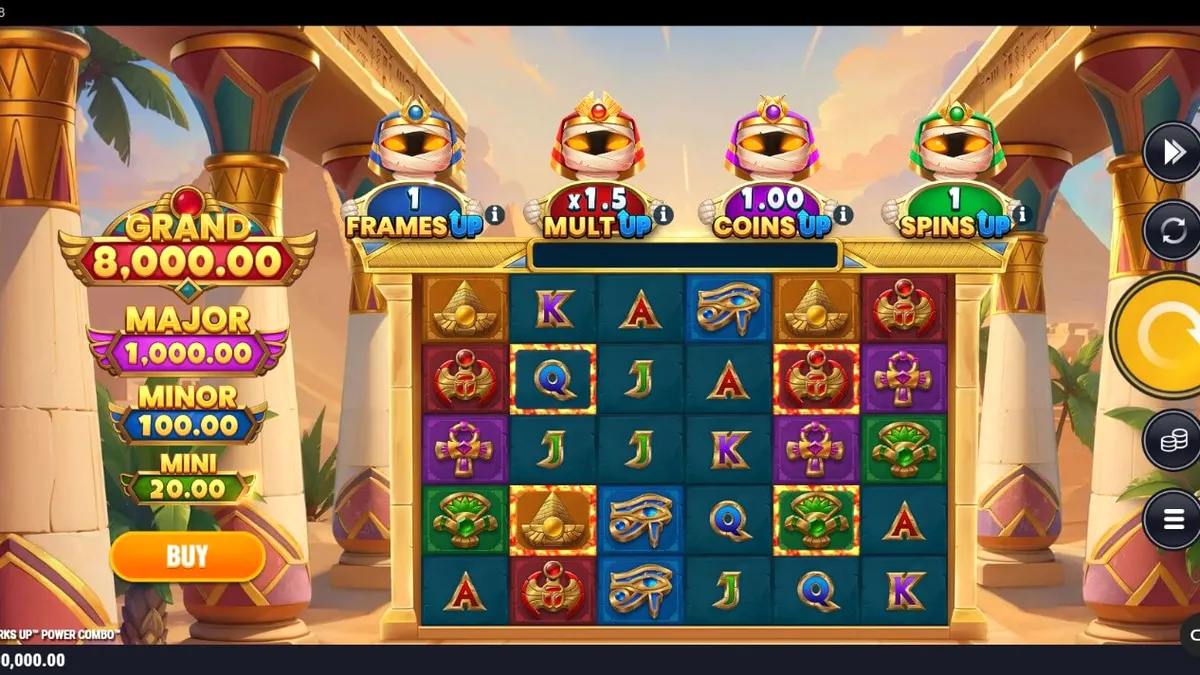 Interface do jogo Mummy Mania Perks Up™ Power Combo™ em um smartphone