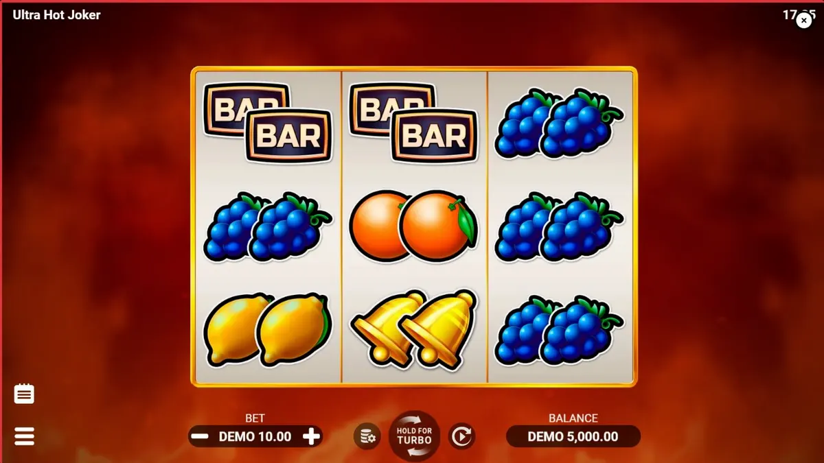 Interface do slot Ultra Hot Joker com símbolos de frutas e o personagem Joker